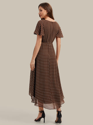 Short Sleeve Ruffle V-Neck Polka Dot A-Line High-Low Wedding Guest Dresses