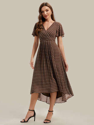 Short Sleeve Ruffle V-Neck Polka Dot A-Line High-Low Wedding Guest Dresses