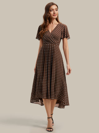 Short Sleeve Ruffle V-Neck Polka Dot A-Line High-Low Wedding Guest Dresses