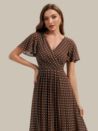 Short Sleeve Ruffle V-Neck Polka Dot A-Line High-Low Wedding Guest Dresses