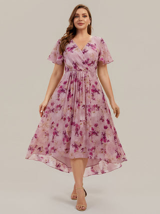 Short Sleeve Ruffle V-Neck Polka Dot A-Line High-Low Wedding Guest Dresses