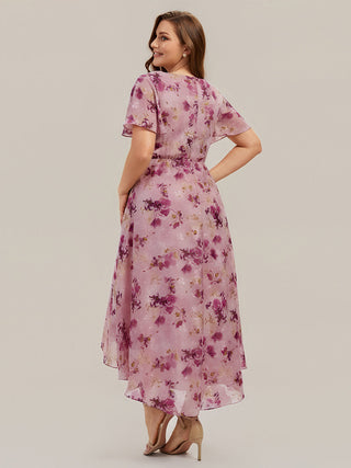 Short Sleeve Ruffle V-Neck Polka Dot A-Line High-Low Wedding Guest Dresses