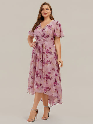 Short Sleeve Ruffle V-Neck Polka Dot A-Line High-Low Wedding Guest Dresses