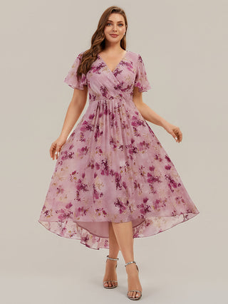 Short Sleeve Ruffle V-Neck Polka Dot A-Line High-Low Wedding Guest Dresses