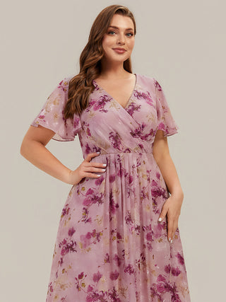 Short Sleeve Ruffle V-Neck Polka Dot A-Line High-Low Wedding Guest Dresses