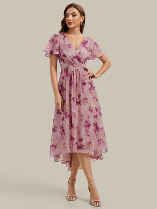 Short Sleeve Ruffle V-Neck Polka Dot A-Line High-Low Wedding Guest Dresses