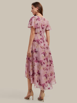 Short Sleeve Ruffle V-Neck Polka Dot A-Line High-Low Wedding Guest Dresses