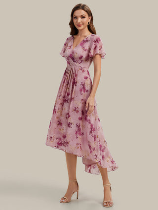 Short Sleeve Ruffle V-Neck Polka Dot A-Line High-Low Wedding Guest Dresses