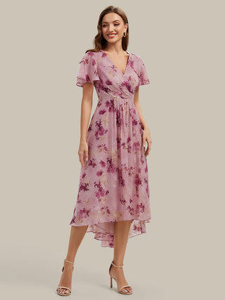 Short Sleeve Ruffle V-Neck Polka Dot A-Line High-Low Wedding Guest Dresses
