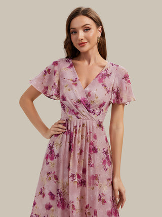 Short Sleeve Ruffle V-Neck Polka Dot A-Line High-Low Wedding Guest Dresses