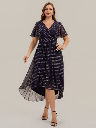 Short Sleeve Ruffle V-Neck Polka Dot A-Line High-Low Wedding Guest Dresses