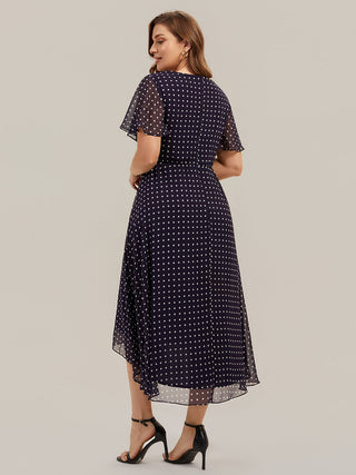 Short Sleeve Ruffle V-Neck Polka Dot A-Line High-Low Wedding Guest Dresses