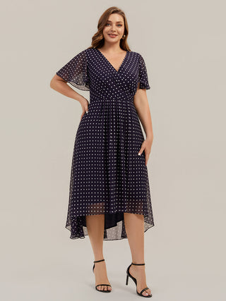 Short Sleeve Ruffle V-Neck Polka Dot A-Line High-Low Wedding Guest Dresses