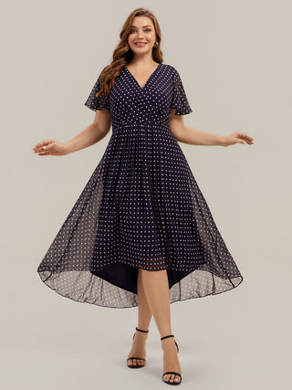 Short Sleeve Ruffle V-Neck Polka Dot A-Line High-Low Wedding Guest Dresses