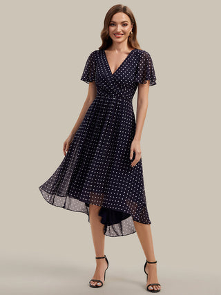 Short Sleeve Ruffle V-Neck Polka Dot A-Line High-Low Wedding Guest Dresses