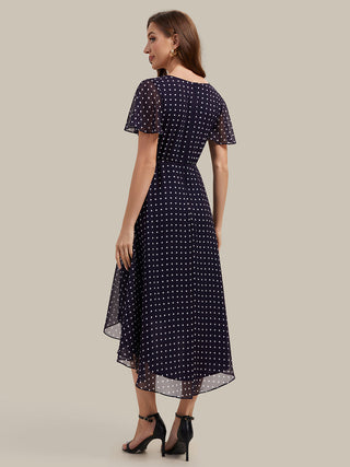 Short Sleeve Ruffle V-Neck Polka Dot A-Line High-Low Wedding Guest Dresses
