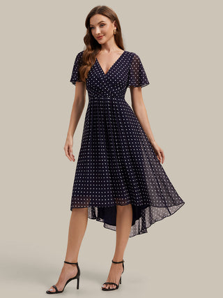 Short Sleeve Ruffle V-Neck Polka Dot A-Line High-Low Wedding Guest Dresses