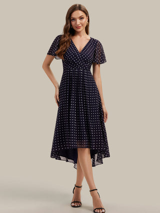 Short Sleeve Ruffle V-Neck Polka Dot A-Line High-Low Wedding Guest Dresses