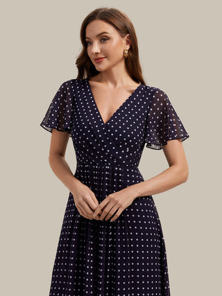 Short Sleeve Ruffle V-Neck Polka Dot A-Line High-Low Wedding Guest Dresses