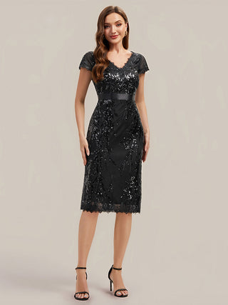 Short Sleeve Sequin Deep V-Neck Sheath Knee Length Wedding Guest Dresses