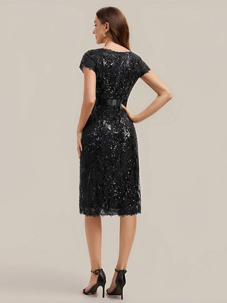 Short Sleeve Sequin Deep V-Neck Sheath Knee Length Wedding Guest Dresses