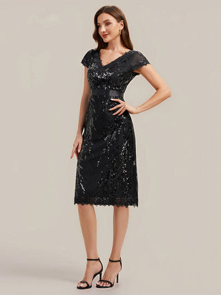 Short Sleeve Sequin Deep V-Neck Sheath Knee Length Wedding Guest Dresses