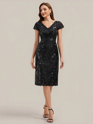 Short Sleeve Sequin Deep V-Neck Sheath Knee Length Wedding Guest Dresses