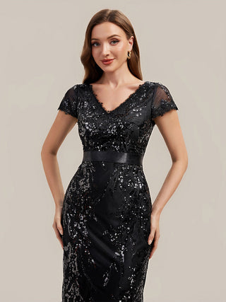 Short Sleeve Sequin Deep V-Neck Sheath Knee Length Wedding Guest Dresses