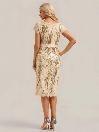 Short Sleeve Sequin Deep V-Neck Sheath Knee Length Wedding Guest Dresses