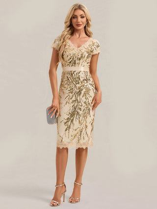 Short Sleeve Sequin Deep V-Neck Sheath Knee Length Wedding Guest Dresses