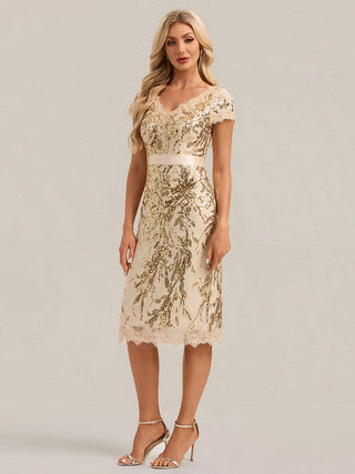 Short Sleeve Sequin Deep V-Neck Sheath Knee Length Wedding Guest Dresses