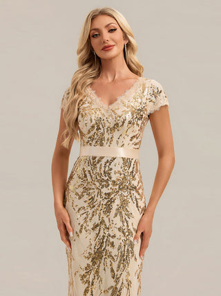 Short Sleeve Sequin Deep V-Neck Sheath Knee Length Wedding Guest Dresses