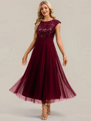 Short Sleeve Cap Sequin Round Neck A-Line Tea Length Wedding Guest Dresses