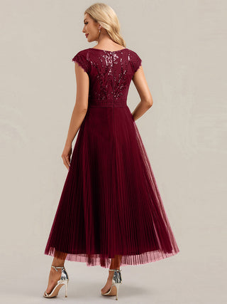 Short Sleeve Cap Sequin Round Neck A-Line Tea Length Wedding Guest Dresses