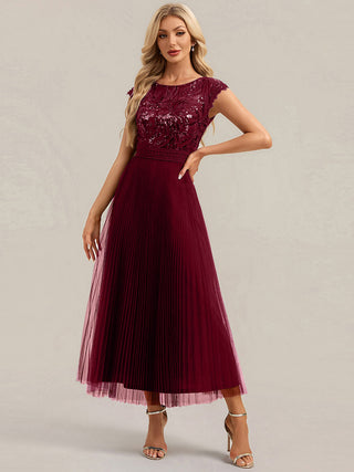 Short Sleeve Cap Sequin Round Neck A-Line Tea Length Wedding Guest Dresses