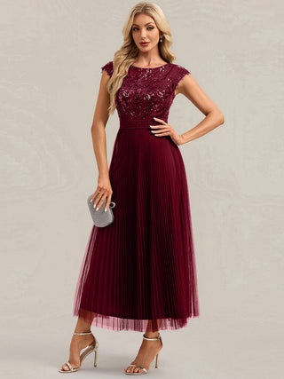 Short Sleeve Cap Sequin Round Neck A-Line Tea Length Wedding Guest Dresses