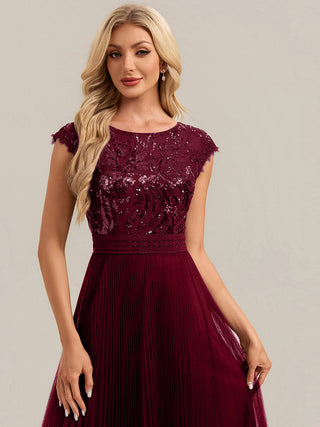 Short Sleeve Cap Sequin Round Neck A-Line Tea Length Wedding Guest Dresses