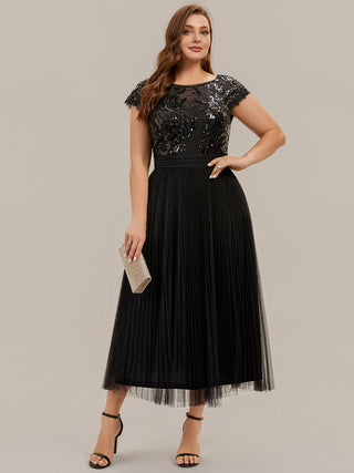 Short Sleeve Cap Sequin Round Neck A-Line Tea Length Wedding Guest Dresses