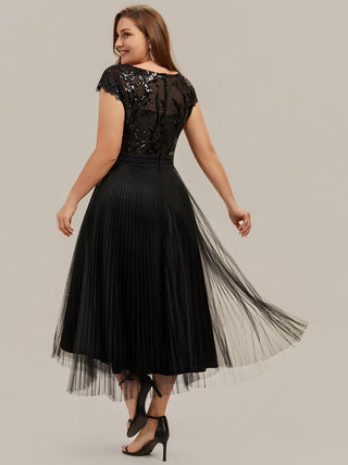 Short Sleeve Cap Sequin Round Neck A-Line Tea Length Wedding Guest Dresses