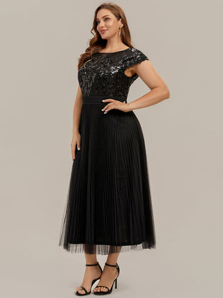 Short Sleeve Cap Sequin Round Neck A-Line Tea Length Wedding Guest Dresses