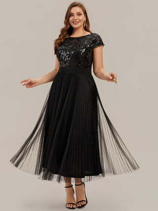 Short Sleeve Cap Sequin Round Neck A-Line Tea Length Wedding Guest Dresses