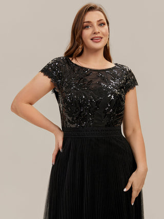 Short Sleeve Cap Sequin Round Neck A-Line Tea Length Wedding Guest Dresses