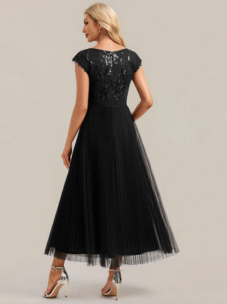 Short Sleeve Cap Sequin Round Neck A-Line Tea Length Wedding Guest Dresses