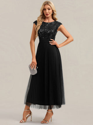 Short Sleeve Cap Sequin Round Neck A-Line Tea Length Wedding Guest Dresses
