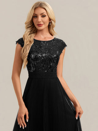 Short Sleeve Cap Sequin Round Neck A-Line Tea Length Wedding Guest Dresses