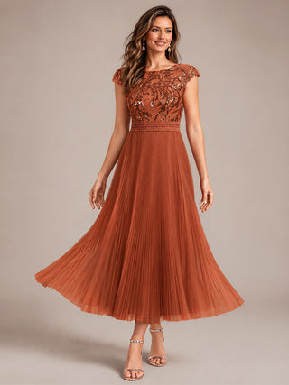 Short Sleeve Cap Sequin Round Neck A-Line Tea Length Wedding Guest Dresses