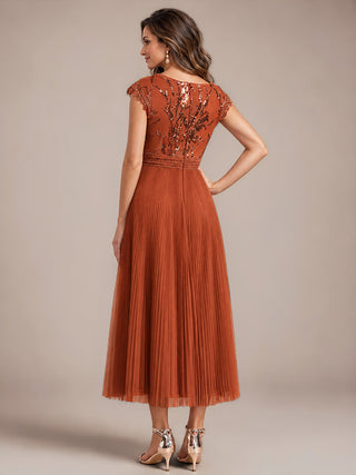 Short Sleeve Cap Sequin Round Neck A-Line Tea Length Wedding Guest Dresses