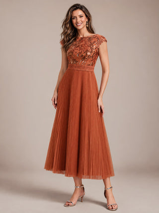 Short Sleeve Cap Sequin Round Neck A-Line Tea Length Wedding Guest Dresses