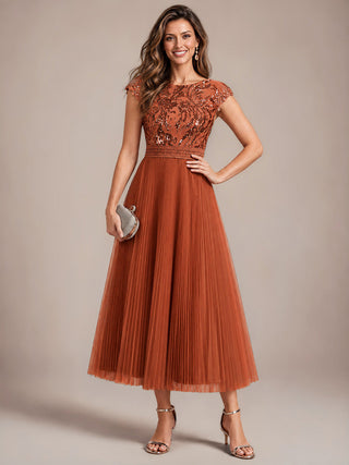 Short Sleeve Cap Sequin Round Neck A-Line Tea Length Wedding Guest Dresses