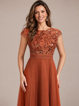 Short Sleeve Cap Sequin Round Neck A-Line Tea Length Wedding Guest Dresses
